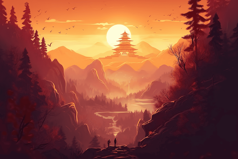 daisuquest_land_scape_of_mountain_with_temple_above_and_the_sun_5de14bc6-af34-4cdf-a651-7d8cc8b43ade-2-2
